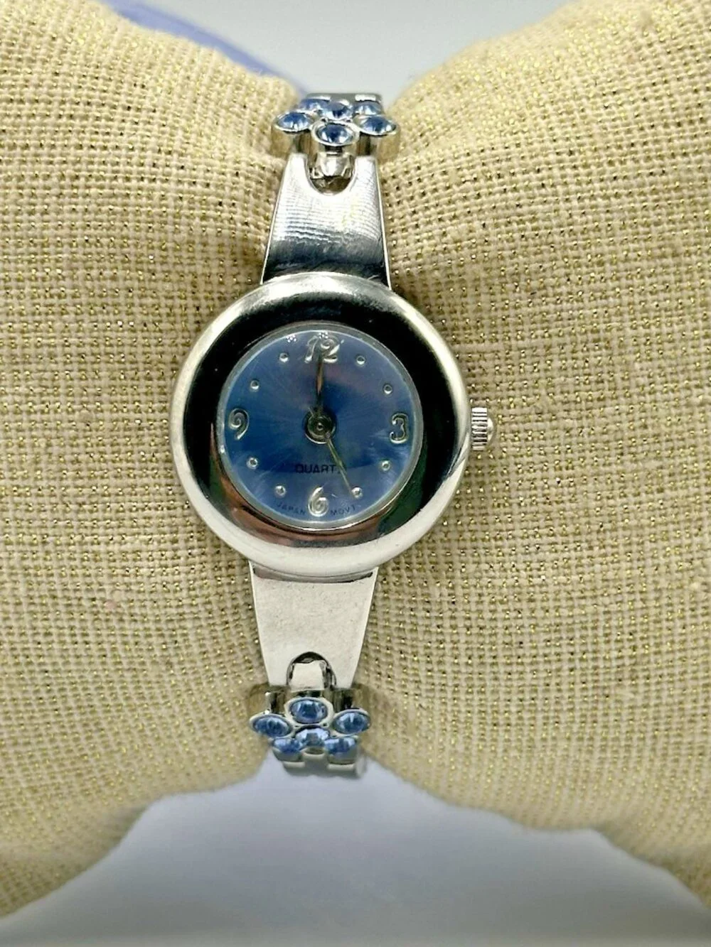 3/$30 Blue Rhinestone Watch Women Silver Tone Cuff Bangle Bracelet New Battery